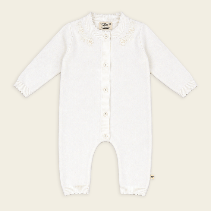 image of dove white floral embroidered knit baby jumpsuit made with organic cotton