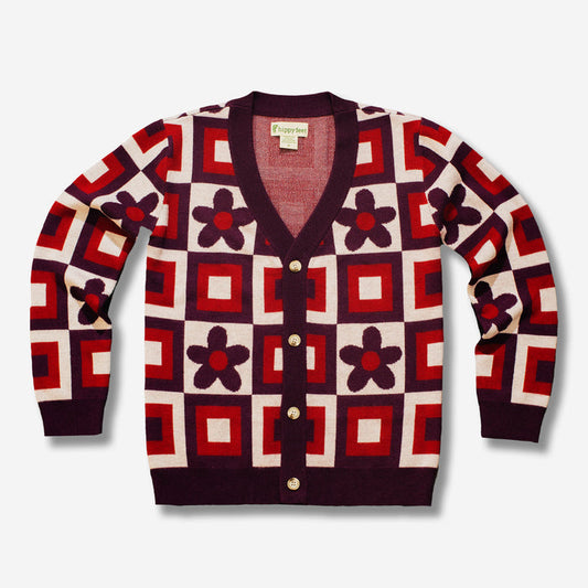 Floral checkered merino wool cardigan