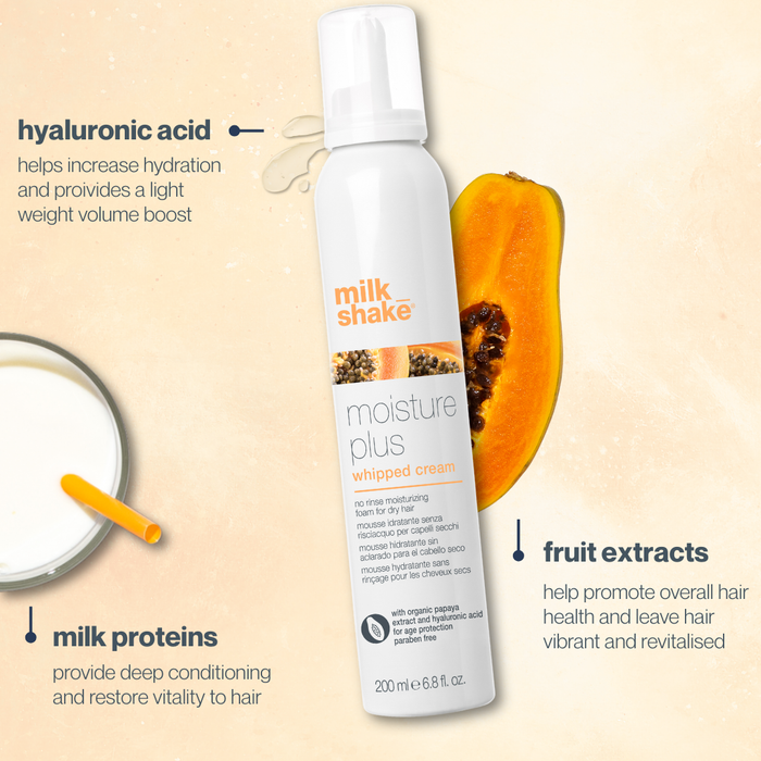 milk_shake  moisture plus whipped cream bottle with ingredients listed on a beige background