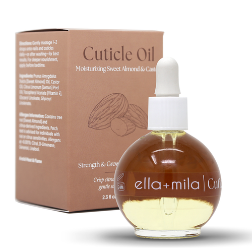Moisturizing Sweet Almond & Castor cuticle oil round dropper bottle with its retail box – ella+mila