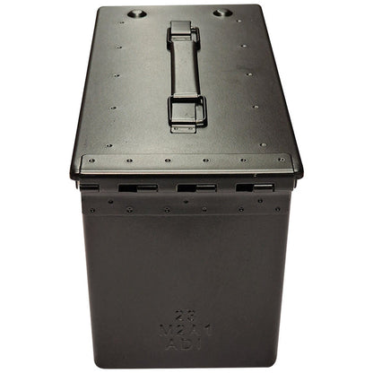 rear of black nato m2A1 50 cal ammo box
