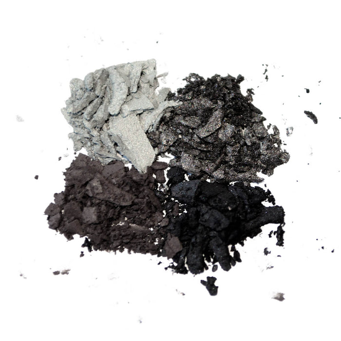 Swatch of 4 grey natural eyeshadow shades.