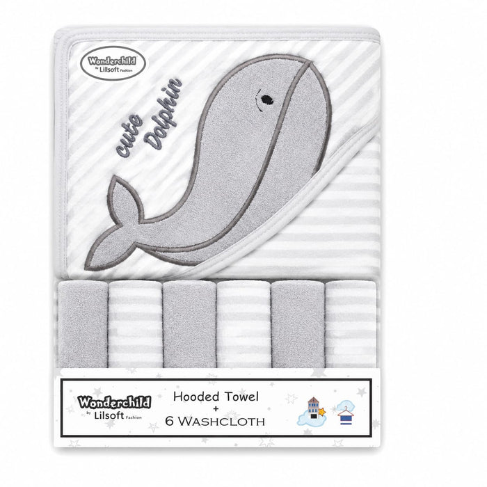 Newborn Bath Towel Gift Set - 7 Pieces - Grey - Dolphin