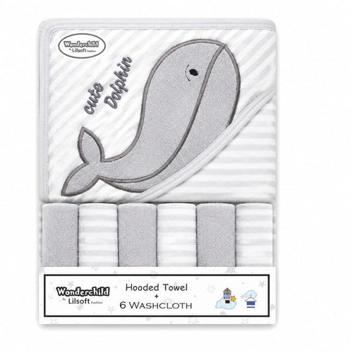 Newborn Bath Towel Gift Set - 7 Pieces - Grey - Dolphin