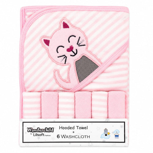 Newborn Bath Towel Gift Set - 7 Pieces - Pink - Cat