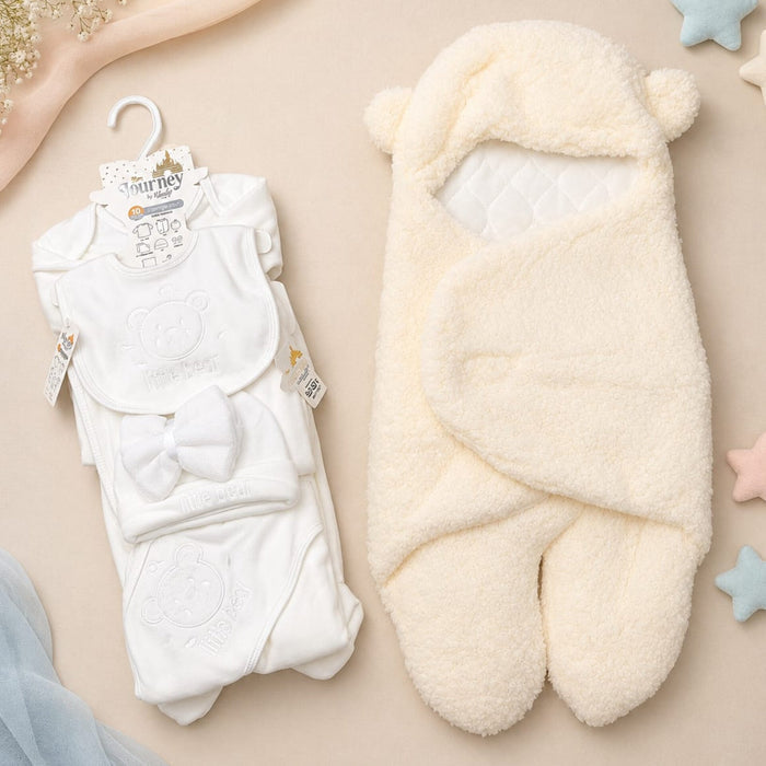 Newborn Welcome Bundle - Velvet White Bear Starter Set & Fur Swaddling Blanket with Legs