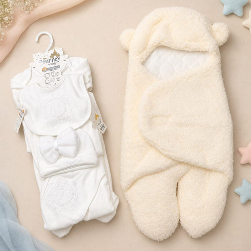 Newborn Welcome Bundle - Velvet White Bear Starter Set & Fur Swaddling Blanket with Legs