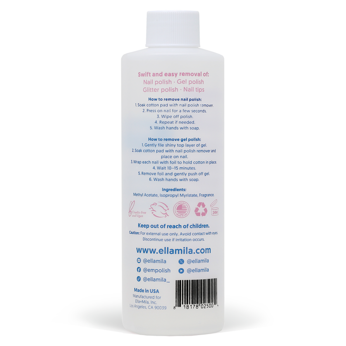 Non-Acetone Nail Polish Remover 8 fl oz bottle, back label with directions and ingredients