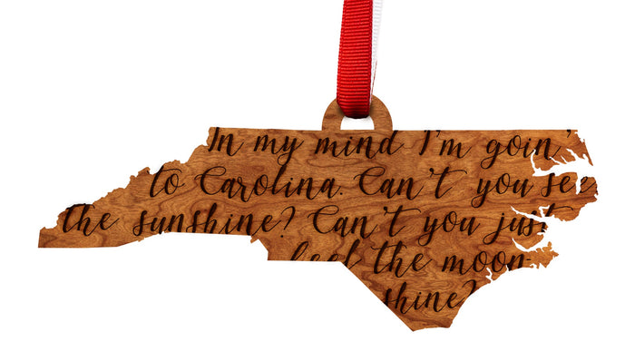 North Carolina State Map Wooden Ornament In My Mind Red Rib in Cherry - Main View - Lazer Edge