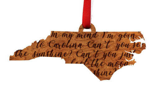 North Carolina State Map Wooden Ornament In My Mind Red Rib in Cherry - Main View - Lazer Edge
