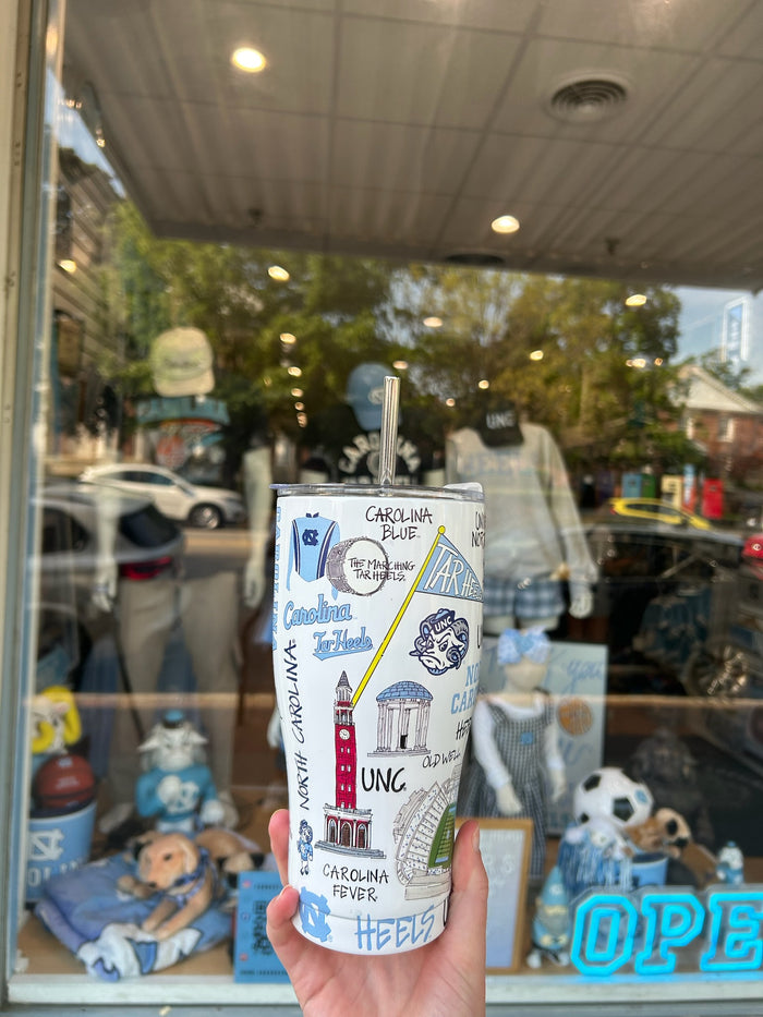 North Carolina Tar Heels Collage Stainless Steel Tumbler with Straw - Lifestyle View - Magnolia Lane