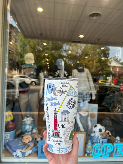 North Carolina Tar Heels Collage Stainless Steel Tumbler with Straw - Lifestyle View - Magnolia Lane