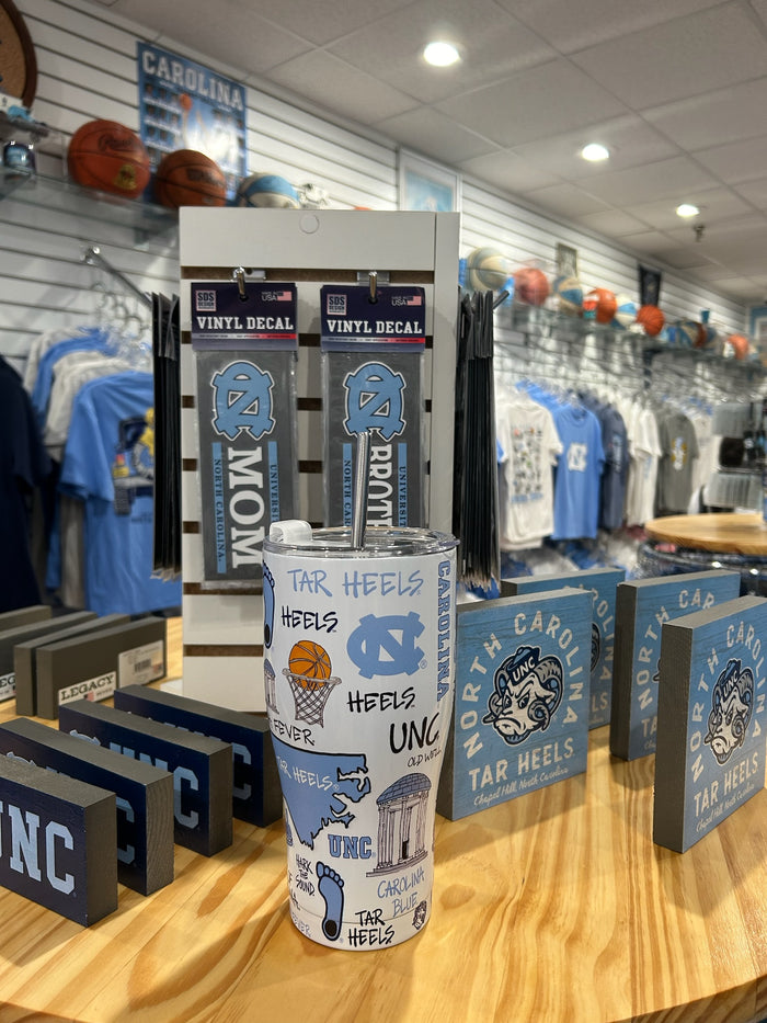 North Carolina Tar Heels Collage Stainless Steel Tumbler with Straw - Side View - Magnolia Lane