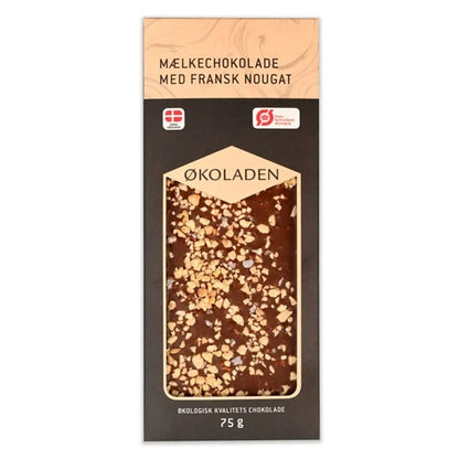 ØKOLADEN - ØKOLOGISK MÆLKECHOKOLADE - FRANSK NOUGAT - 75 g.