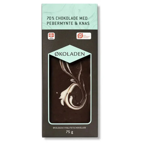 ØKOLADEN - ØKOLOGISK MØRK 70% CHOKOLADE - PEBERMYNTE & KNAS - 75 g