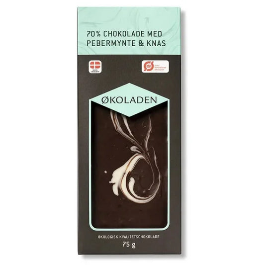 ØKOLADEN - ØKOLOGISK MØRK 70% CHOKOLADE - PEBERMYNTE & KNAS - 75 g