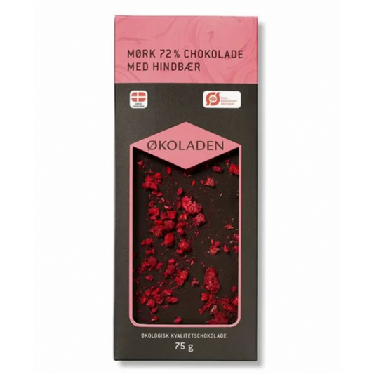 ØKOLADEN - ØKOLOGISK MØRK 72% CHOKOLADE - HINDBÆR - 75 g.