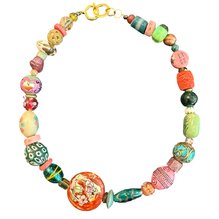 artisan necklace, one of a kind necklace, statement necklace, mixed bead necklace, porcelain bead necklace, ceramic necklace, natural stone necklace, wearable art jewelry, colorful artisan jewelry, boutique necklace, eclectic jewelry, handcrafted style necklace, luxury boutique jewelry, unique beaded necklace, Oh Meredith jewelry