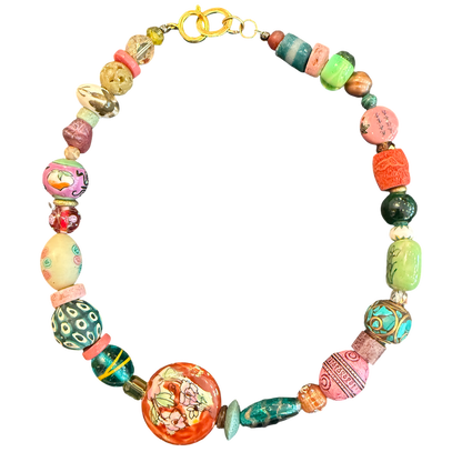 artisan necklace, one of a kind necklace, statement necklace, mixed bead necklace, porcelain bead necklace, ceramic necklace, natural stone necklace, wearable art jewelry, colorful artisan jewelry, boutique necklace, eclectic jewelry, handcrafted style necklace, luxury boutique jewelry, unique beaded necklace, Oh Meredith jewelry
