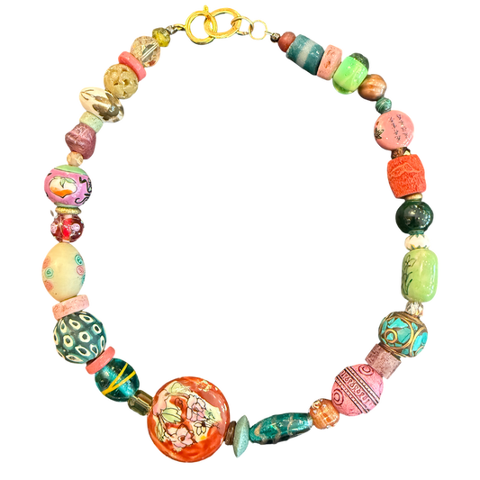 artisan necklace, one of a kind necklace, statement necklace, mixed bead necklace, porcelain bead necklace, ceramic necklace, natural stone necklace, wearable art jewelry, colorful artisan jewelry, boutique necklace, eclectic jewelry, handcrafted style necklace, luxury boutique jewelry, unique beaded necklace, Oh Meredith jewelry