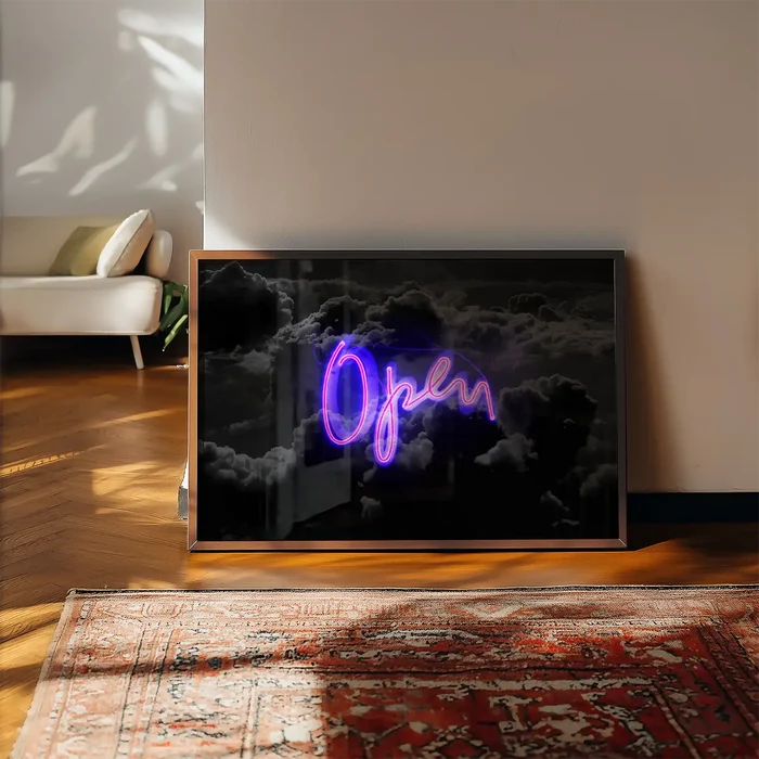 Framed art print featuring a glowing purple neon Open sign set against a moody, dark cloud background.