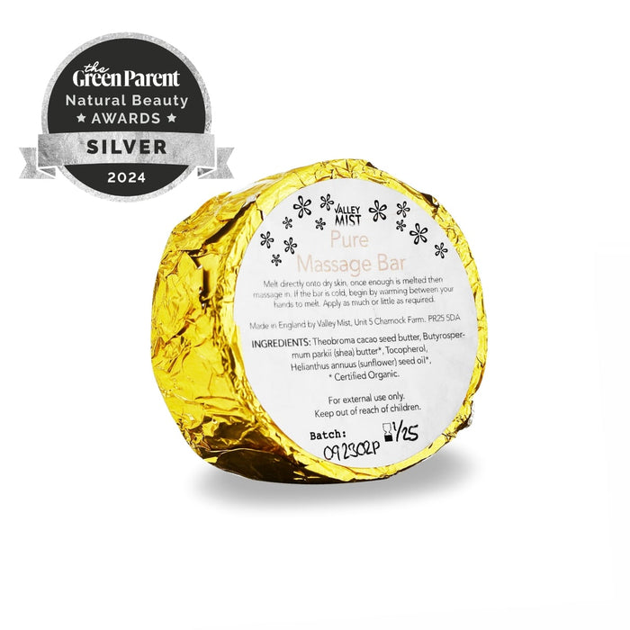 Green Parent Natural Beauty Awards Silver 2024 – Valley Mist Organic Unscented Massage Bar Pure, Best Massage Oil/Cream Pregnancy