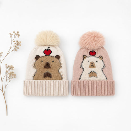 Pack of 2 - Woolen Caps - Tea Pink & Skin - Pom Bear - 26