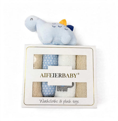 AIFEIFERBABY baby gift set containing a soft blue elephant plush toy and a 4-piece washcloth set in a white window box packaging, shown on a white background.