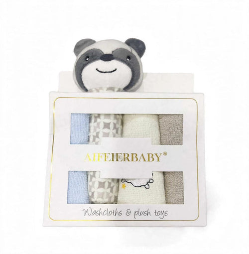 A baby gift set by AIFEIERBABY featuring a plush raccoon toy peeking out of a white box with a clear window showing folded washcloths in blue, gray, cream, and beige.