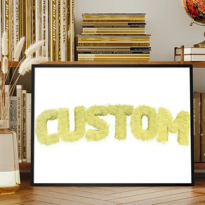 Framed pastel yellow fur style personalized name print on a white background.