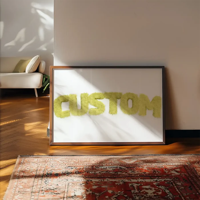 Framed personalized name print with pastel yellow fur-style text "CUSTOM" on a white background.