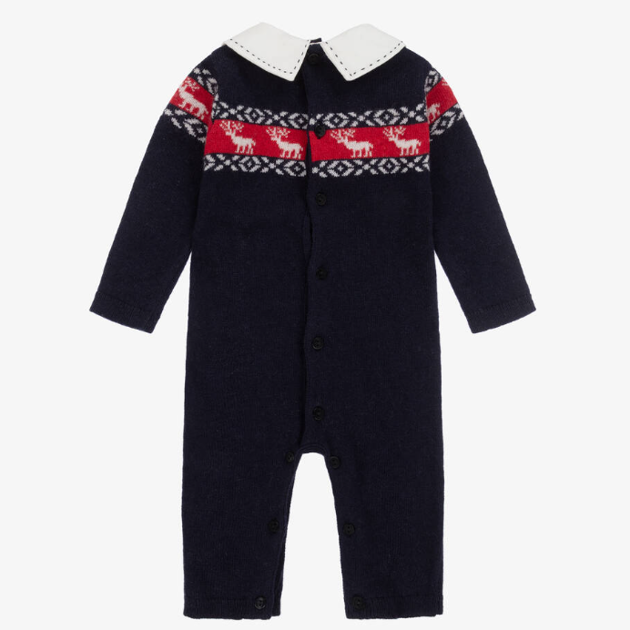 PATACHOU Baby Boys Blue Wool Knit Reindeer Romper