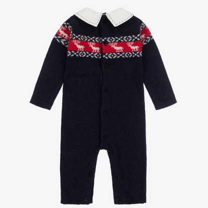 PATACHOU Baby Boys Blue Wool Knit Reindeer Romper