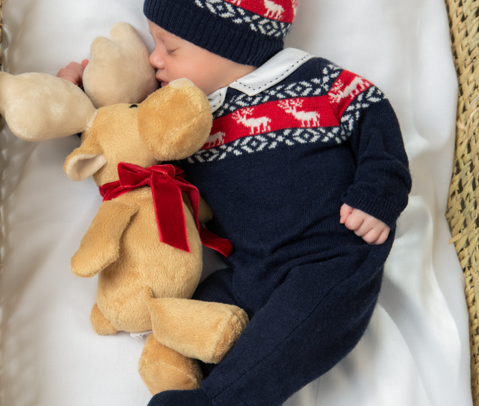 PATACHOU Baby Boys Blue Wool Knit Reindeer Romper