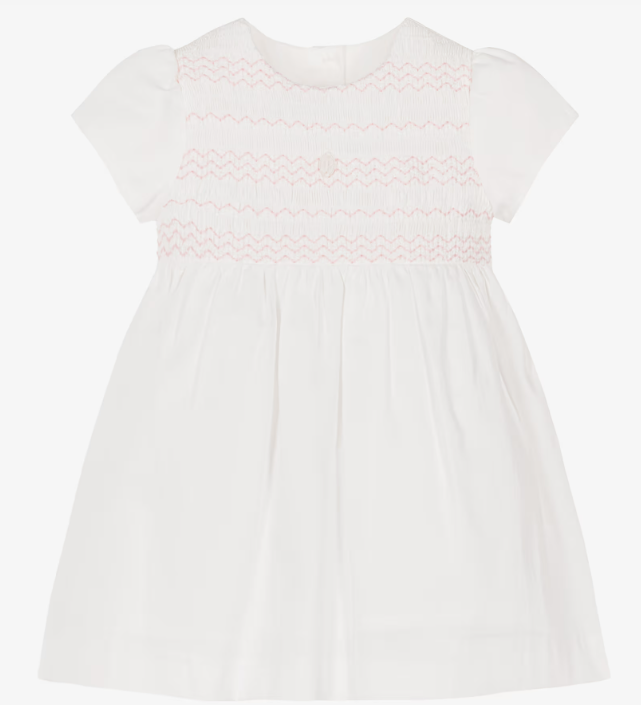 PATACHOU Baby Girls White & Pink Smocked Cotton Dress