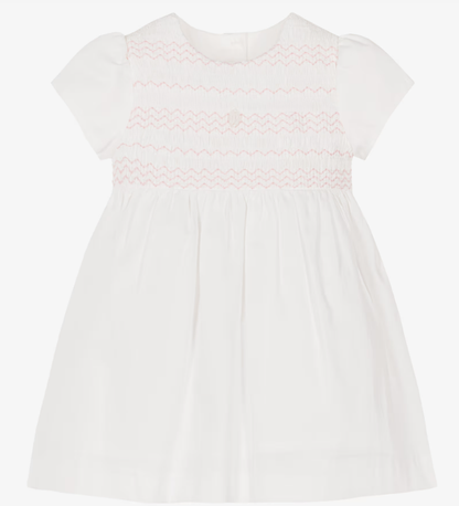 PATACHOU Baby Girls White & Pink Smocked Cotton Dress
