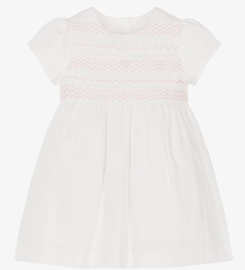 PATACHOU Baby Girls White & Pink Smocked Cotton Dress