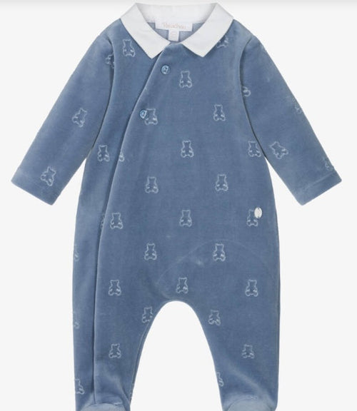 PATACHOU Boys Blue Velour Babygrow with Embroidered Teddy Bears