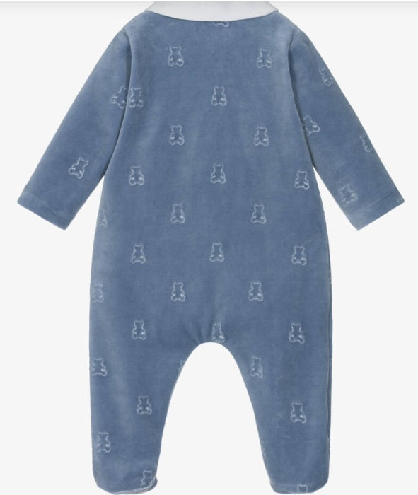 PATACHOU Boys Blue Velour Babygrow with Embroidered Teddy Bears