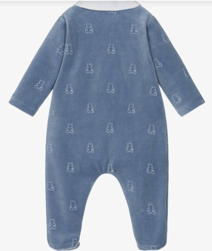 PATACHOU Boys Blue Velour Babygrow with Embroidered Teddy Bears