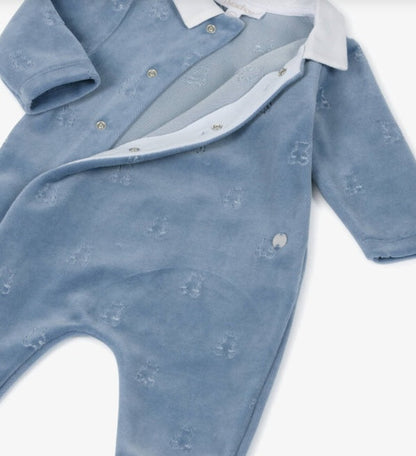 PATACHOU Boys Blue Velour Babygrow with Embroidered Teddy Bears