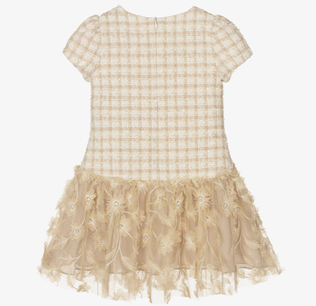 PATACHOU Girls Beige Check & Gold Floral Dress