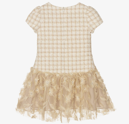 PATACHOU Girls Beige Check & Gold Floral Dress