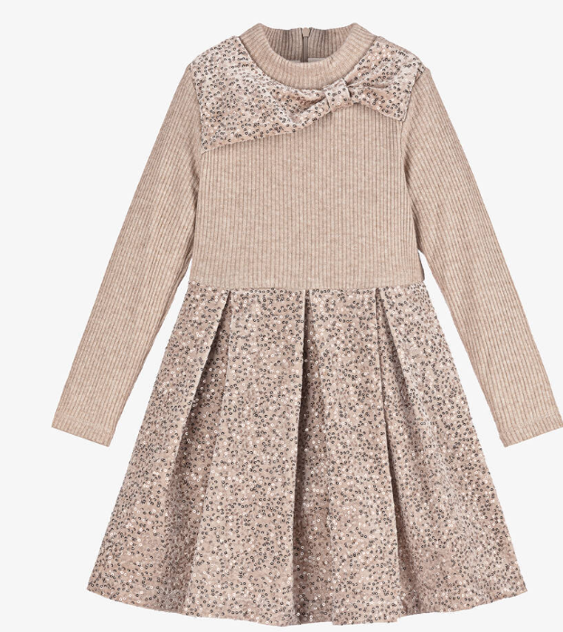 PATACHOU Girls Beige & Gold Sequin Velour Dress