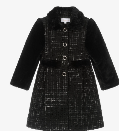PATACHOU Girls Black Tweed & Faux Fur Coat