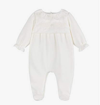 PATACHOU Girls Ivory Embroidered Velour Babygrow