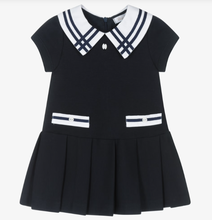 PATACHOU Girls Navy Blue Cotton Jersey Dress with White Trims