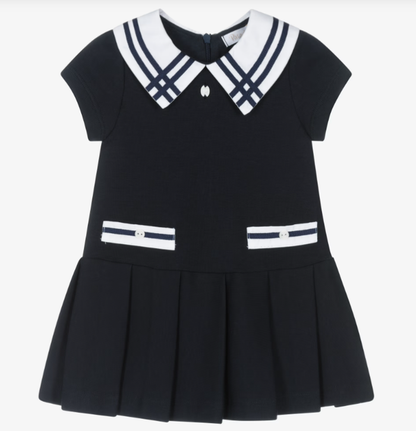 PATACHOU Girls Navy Blue Cotton Jersey Dress with White Trims