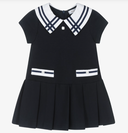 PATACHOU Girls Navy Blue Cotton Jersey Dress with White Trims