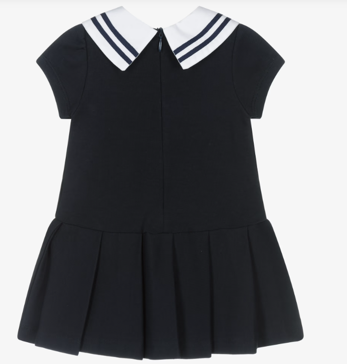 PATACHOU Girls Navy Blue Cotton Jersey Dress with White Trims